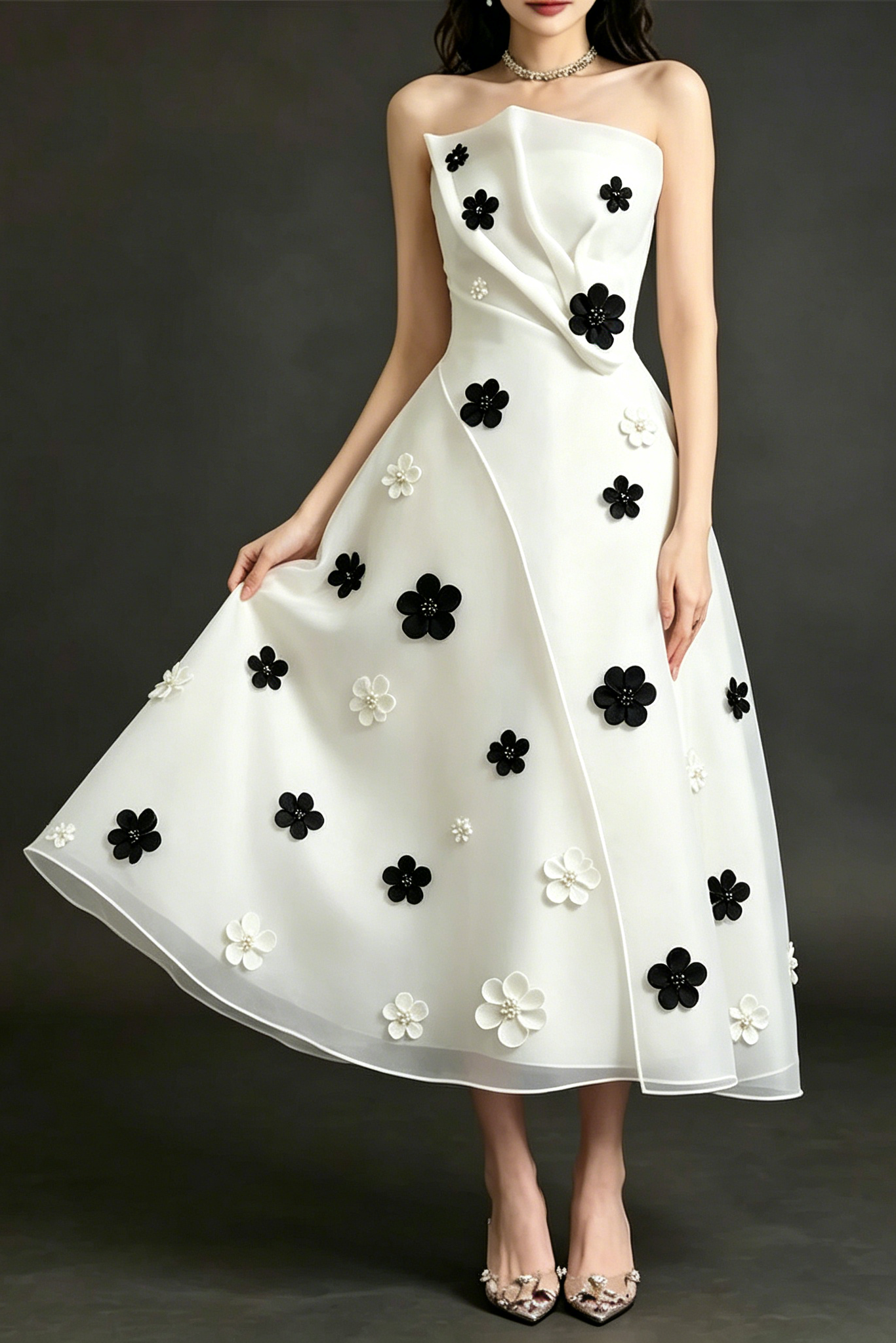DRAPED STRAPLESS 3D FLORAL MIDI DRESS FOR EVENTS