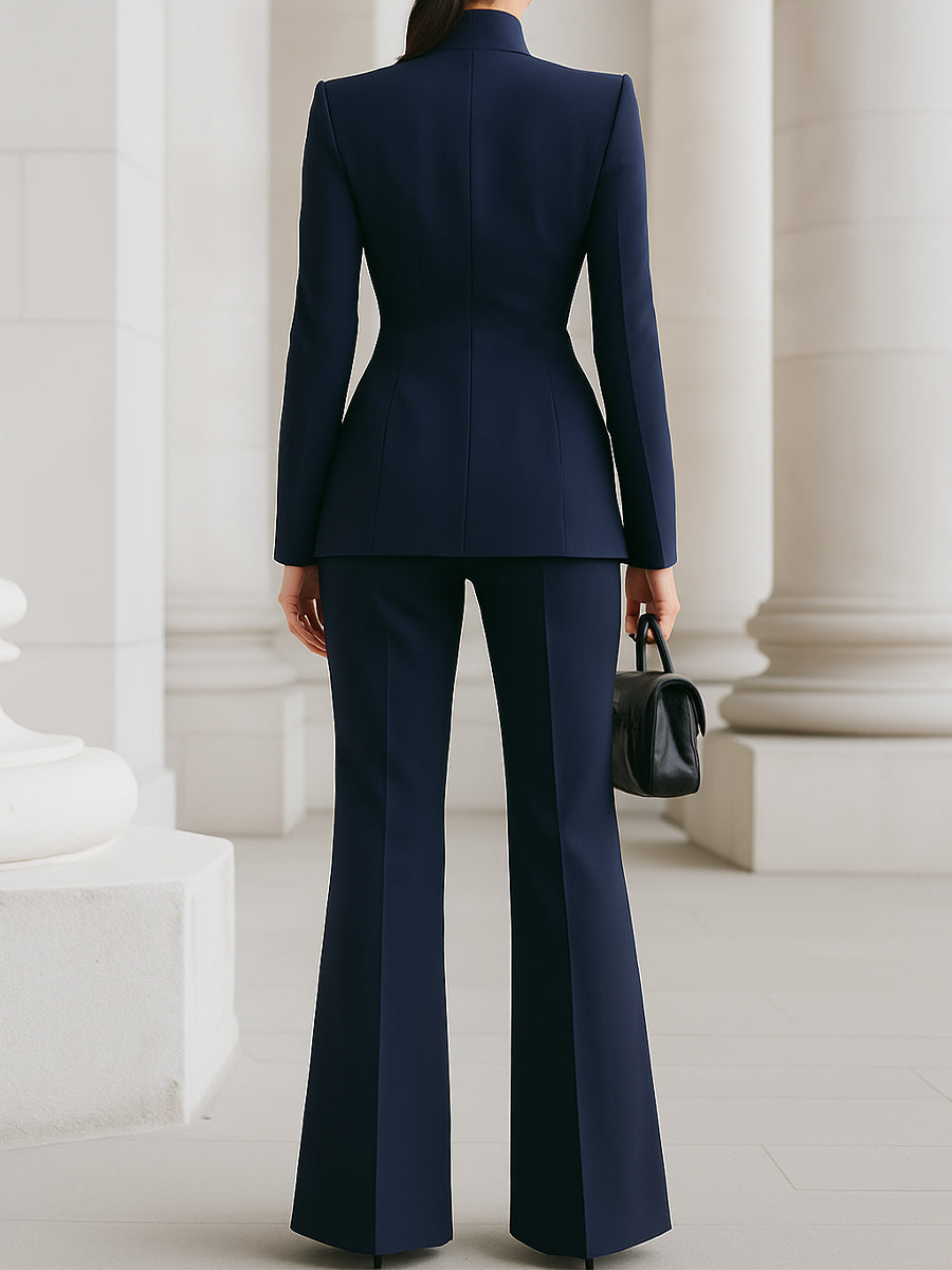 SOPHISTICATED HIGH-COLLAR BLAZER & WIDE-LEG TROUSERS SET