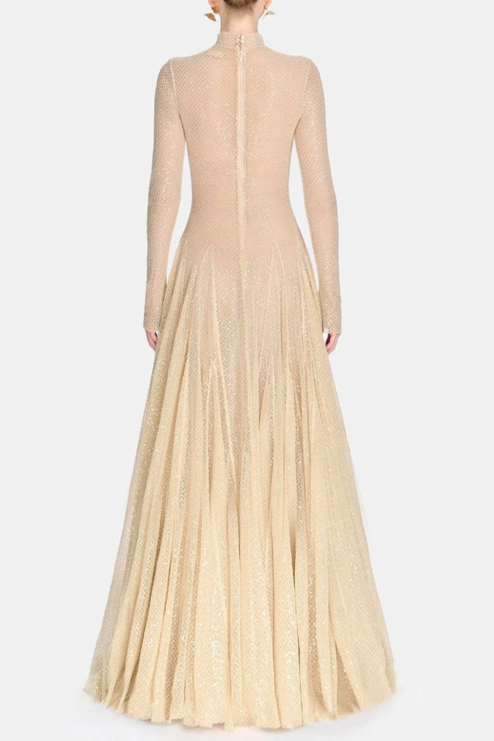 BEIGE MESH LONG SLEEVE SLIM MAXI DRESS