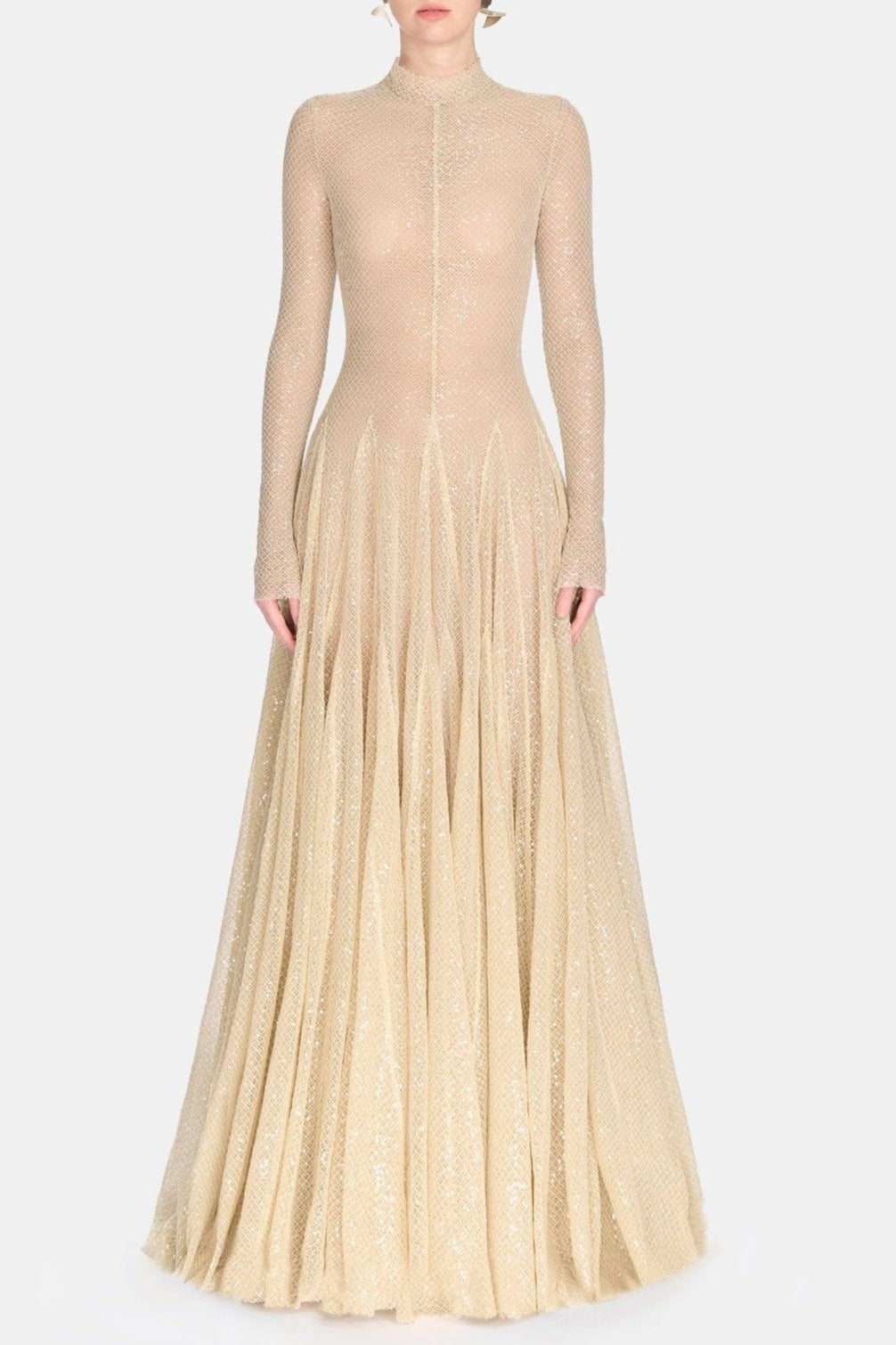 BEIGE MESH LONG SLEEVE SLIM MAXI DRESS