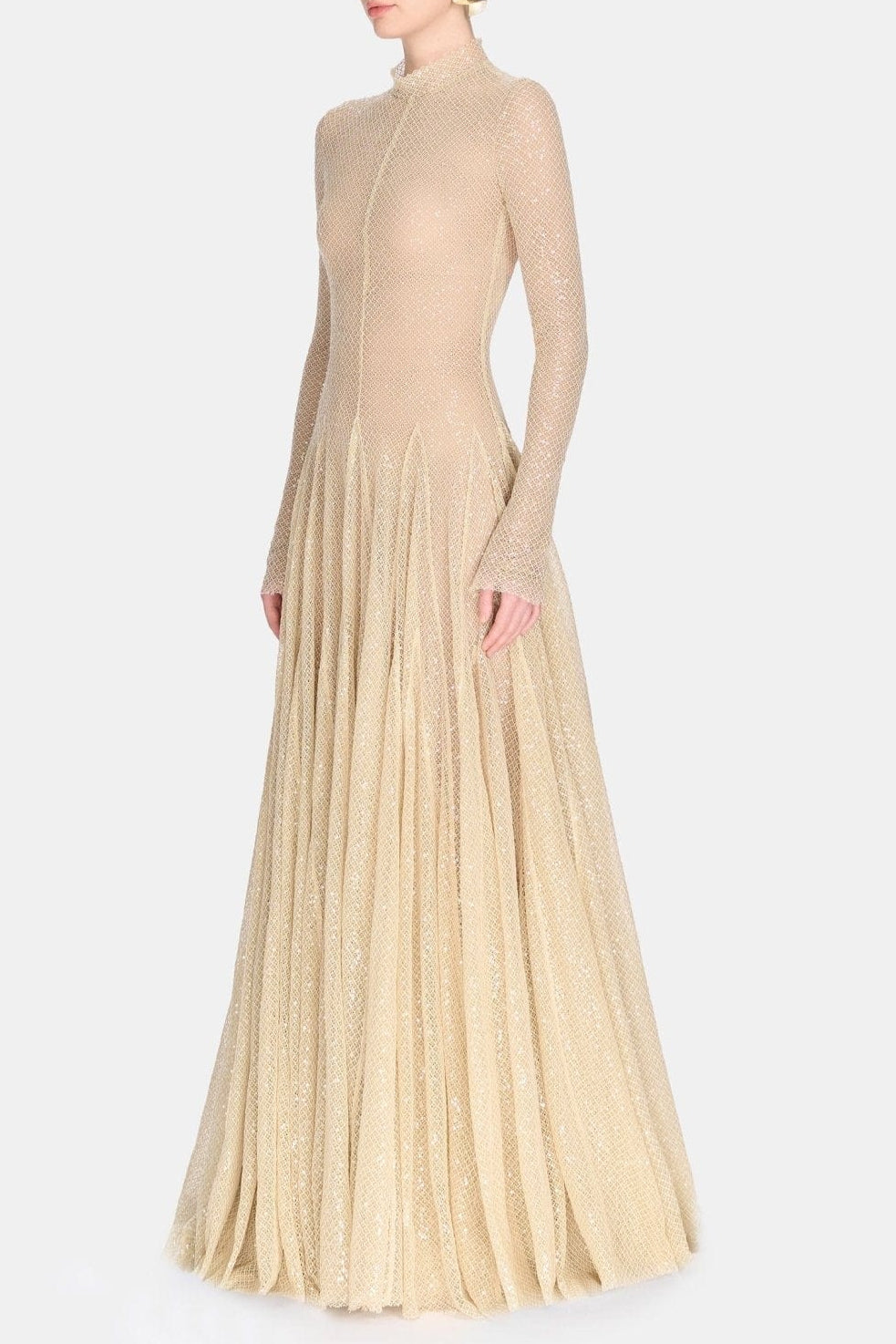 BEIGE MESH LONG SLEEVE SLIM MAXI DRESS