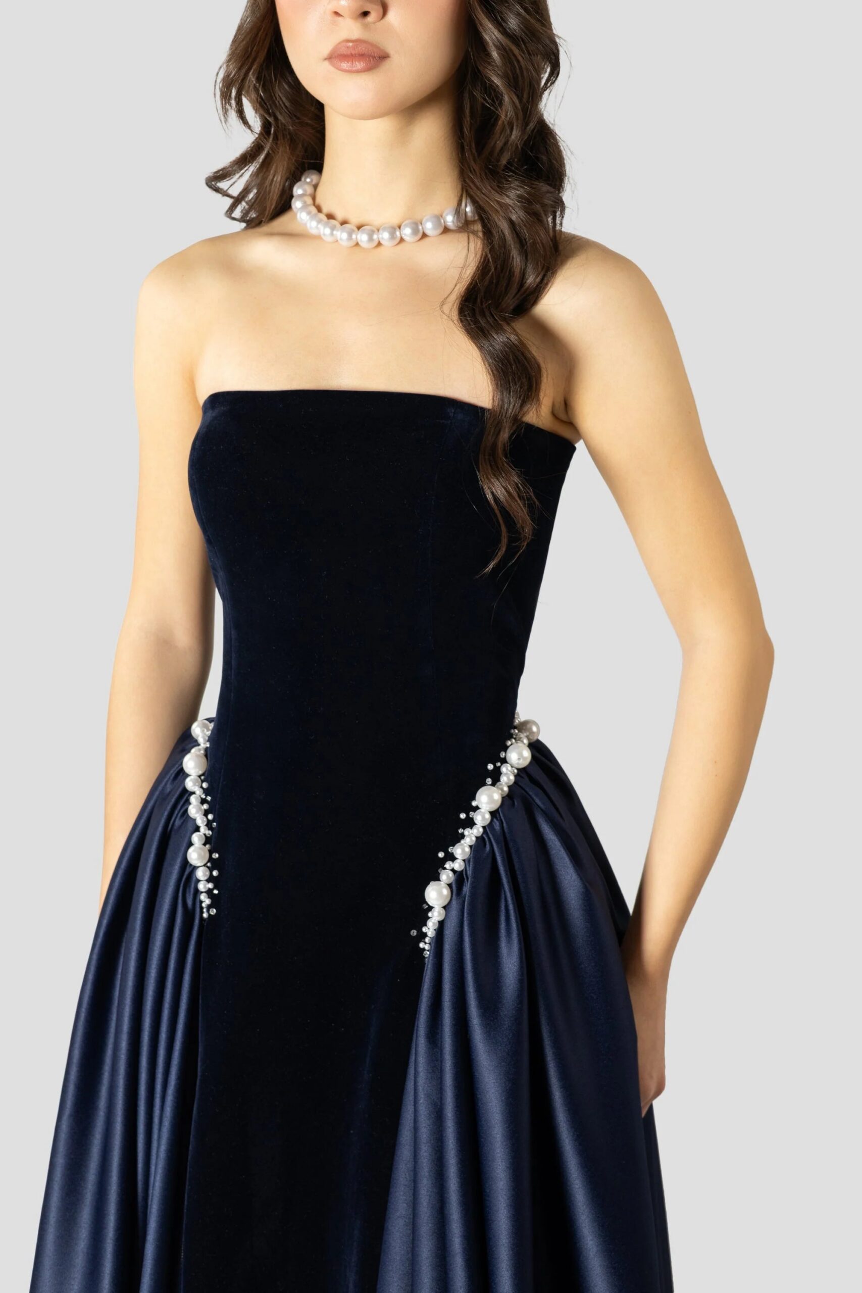 SAMANTHA DARK BLUE PEARL EMBROIDERED STRAPLESS MAXI DRESS