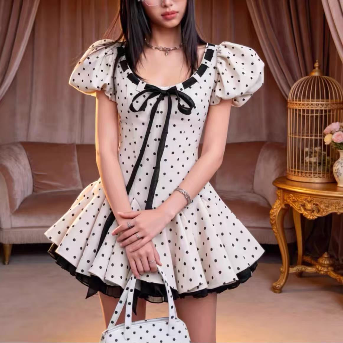 WANIA WHITE POLKA DOT MINI DRESS TIE-FRONT