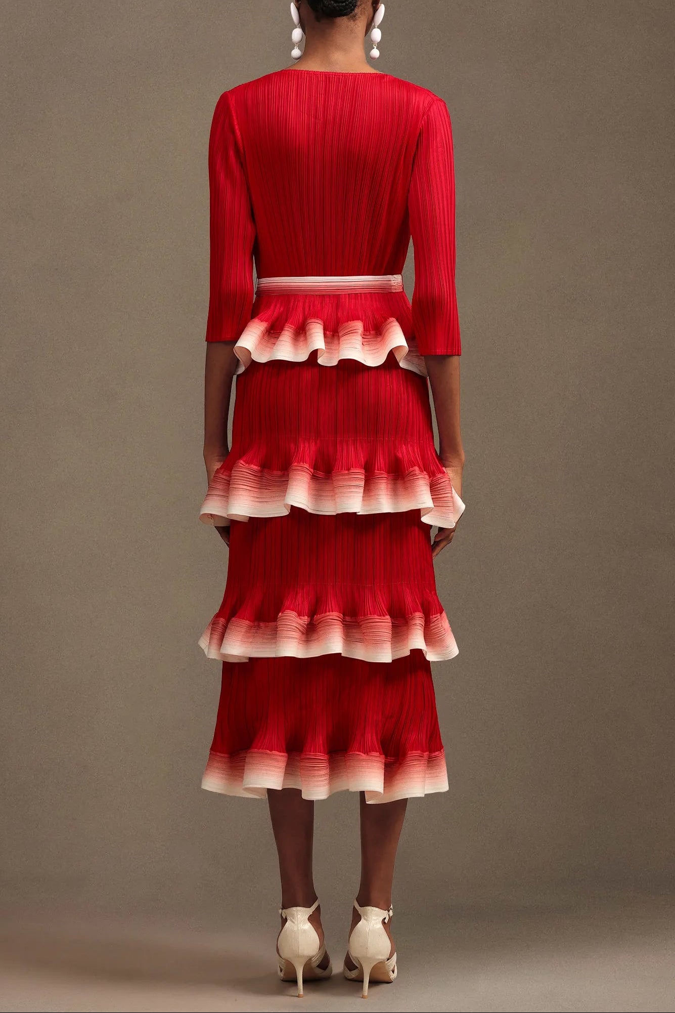 VICTORIA RED FALBALA PLEATED MAXI DRESS