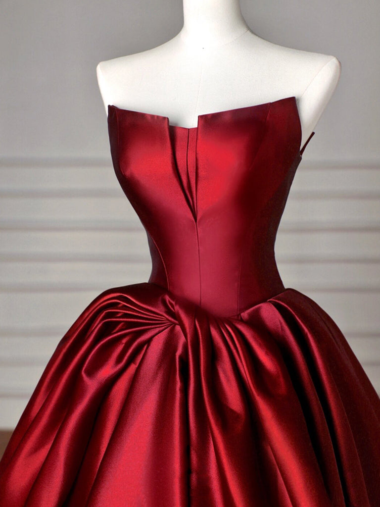SATIN BURGUNDY A-LINE PROM GOWN