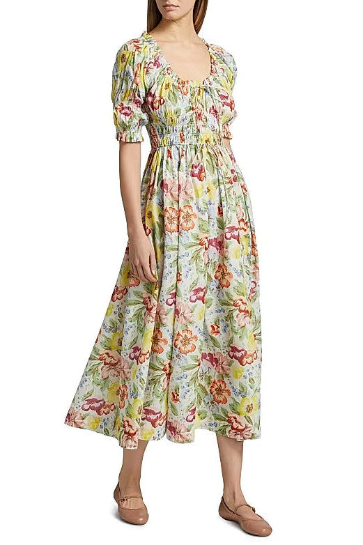 TOBEY ISCHIA FLORAL SMOCKED MIDI DRESS