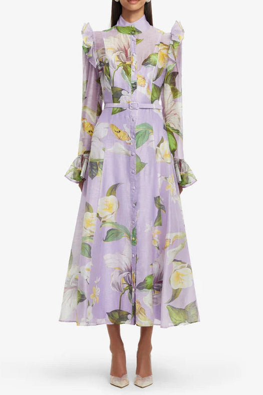 bfbd2cba-5b77-40aa-a923-35209dbcda7e BUTTERFLY SLEEVE LILAC MIDI DRESS, FLORAL PRINT, WEDDING GUEST