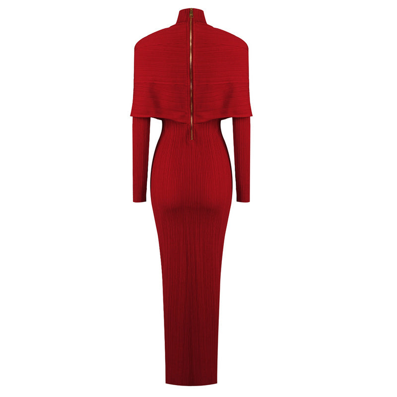 RED PLEATED KNIT MAXI DRESS, LONG SLEEVE