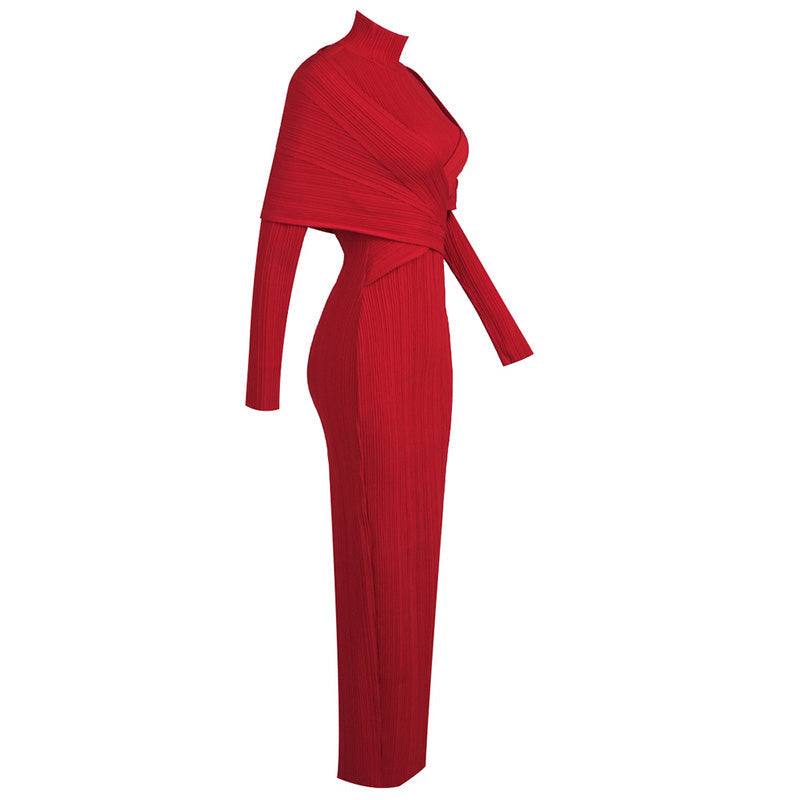 RED PLEATED KNIT MAXI DRESS, LONG SLEEVE