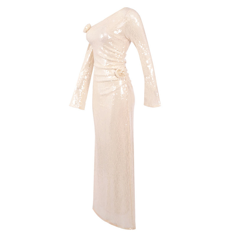 ONE-SHOULDER SEQUIN FLOWER MAXI DRESS IN APRICOT