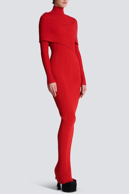 RED PLEATED KNIT MAXI DRESS, LONG SLEEVE