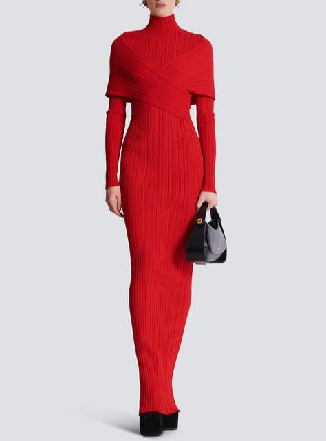 RED PLEATED KNIT MAXI DRESS, LONG SLEEVE