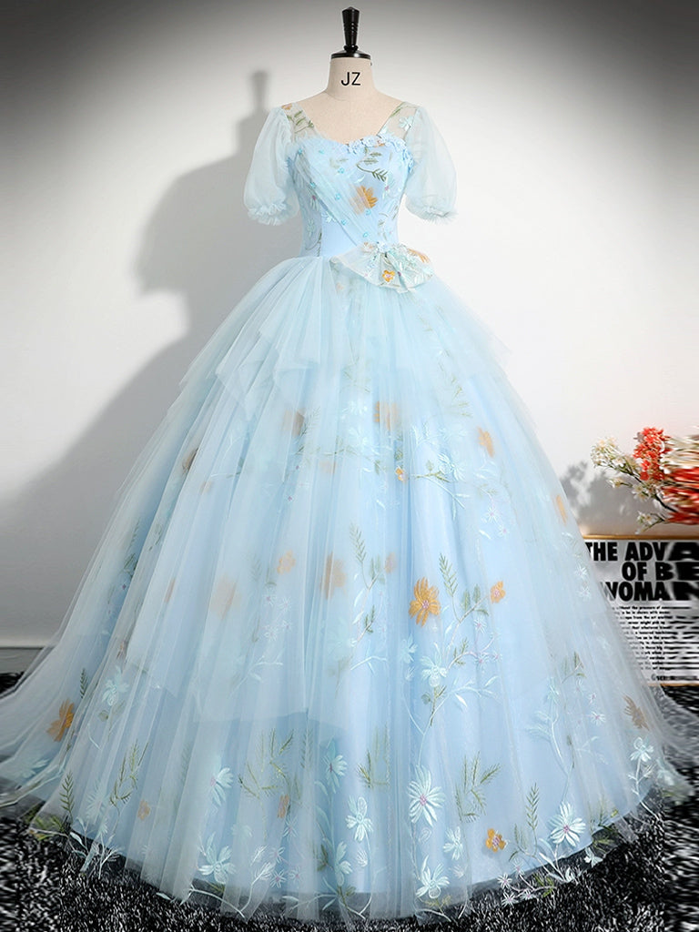 bluelongdress V-NECK TULLE LACE BLUE PROM GOWN