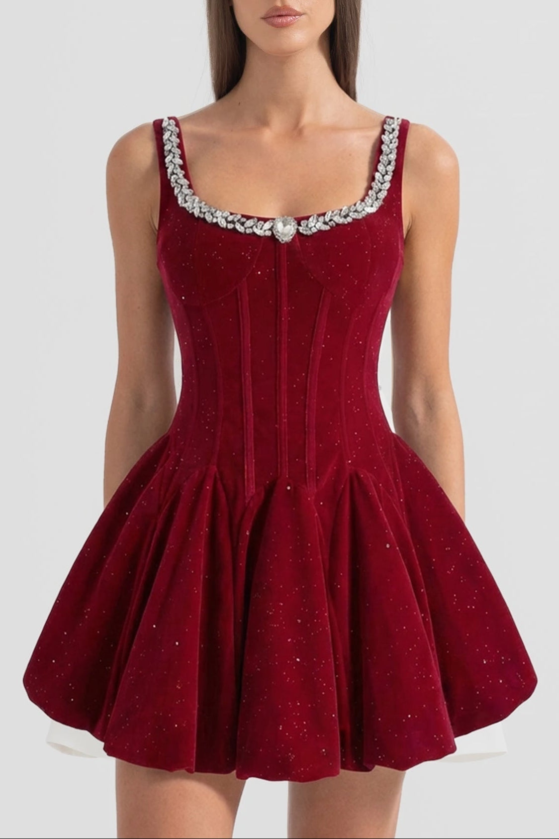 VIVIEN BURGUNDY VELVET CORSET MINI DRESS WITH CRYSTAL NECKLINE