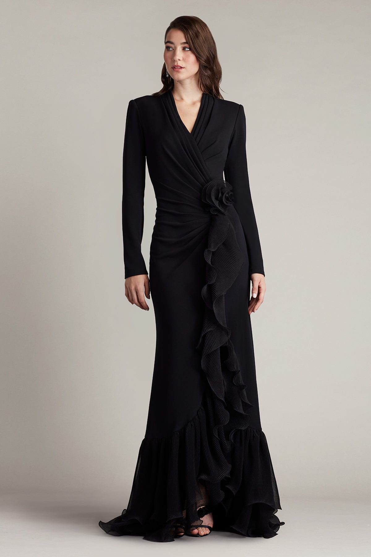 JOYCE BLACK RUFFLED MIDI DRESS, HIGH SLIT KNIT