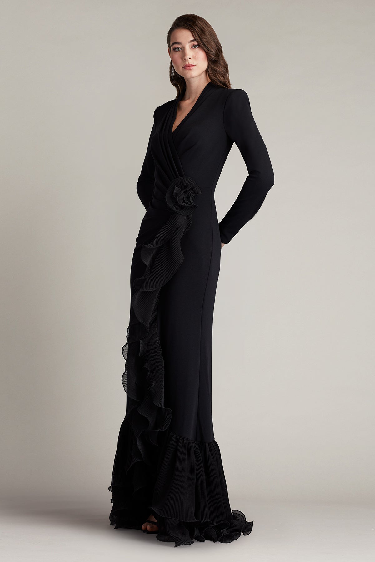 JOYCE BLACK RUFFLED MIDI DRESS, HIGH SLIT KNIT