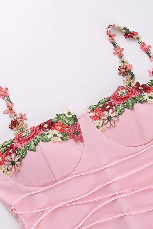 BRENDA LACE-UP EMBROIDERED FLORAL MIDI DRESS
