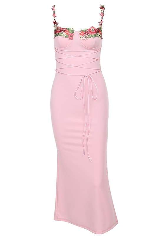 BRENDA LACE-UP EMBROIDERED FLORAL MIDI DRESS