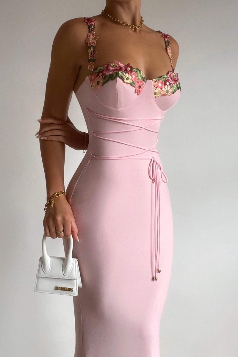 BRENDA LACE-UP EMBROIDERED FLORAL MIDI DRESS
