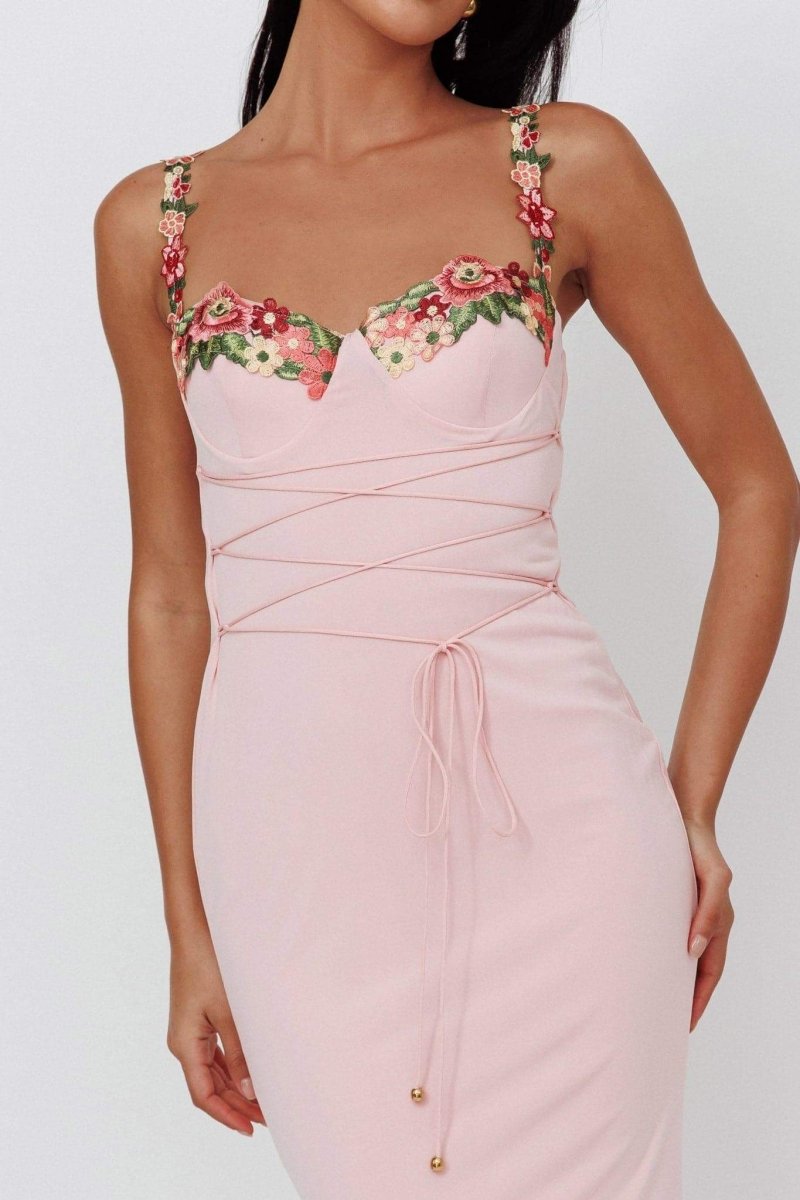BRENDA LACE-UP EMBROIDERED FLORAL MIDI DRESS