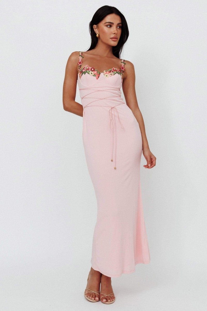 BRENDA LACE-UP EMBROIDERED FLORAL MIDI DRESS
