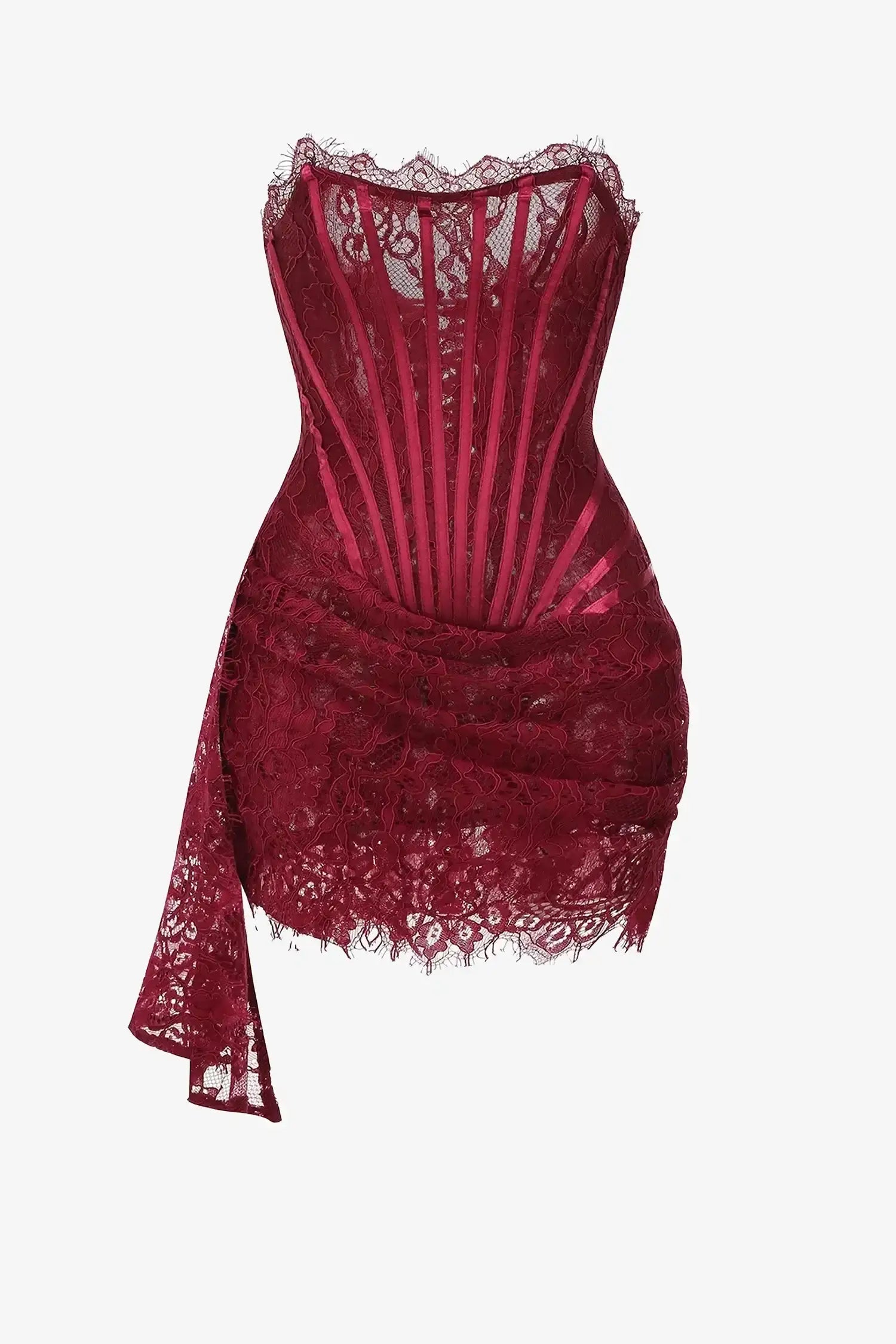 BURGUNDY LACE BUSTIER MINI DRESS FOR COCKTAIL PARTY