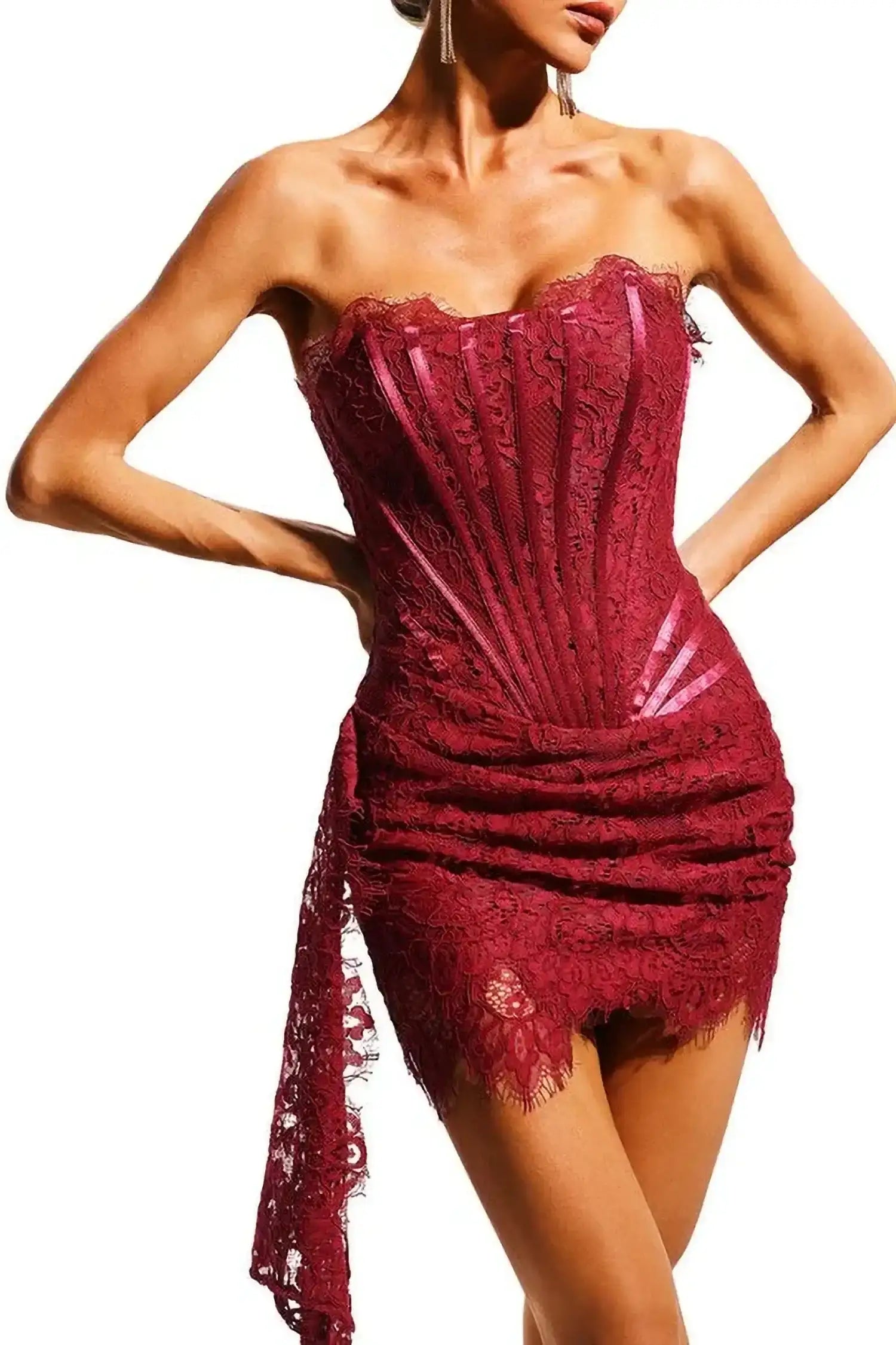BURGUNDY LACE BUSTIER MINI DRESS FOR COCKTAIL PARTY