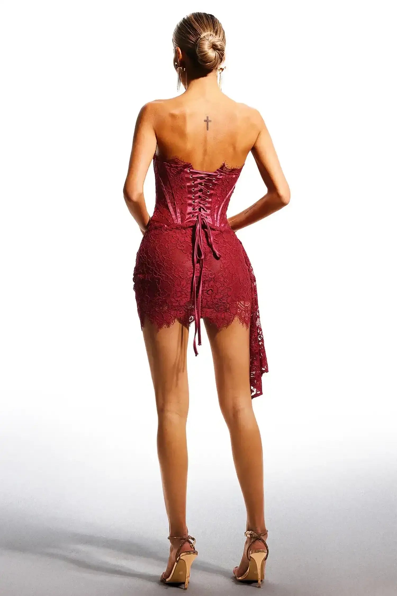 BURGUNDY LACE BUSTIER MINI DRESS FOR COCKTAIL PARTY