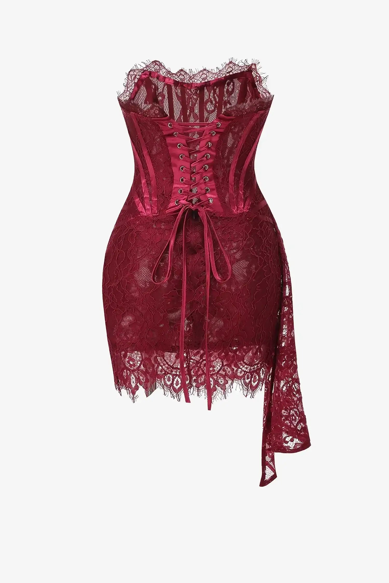 BURGUNDY LACE BUSTIER MINI DRESS FOR COCKTAIL PARTY