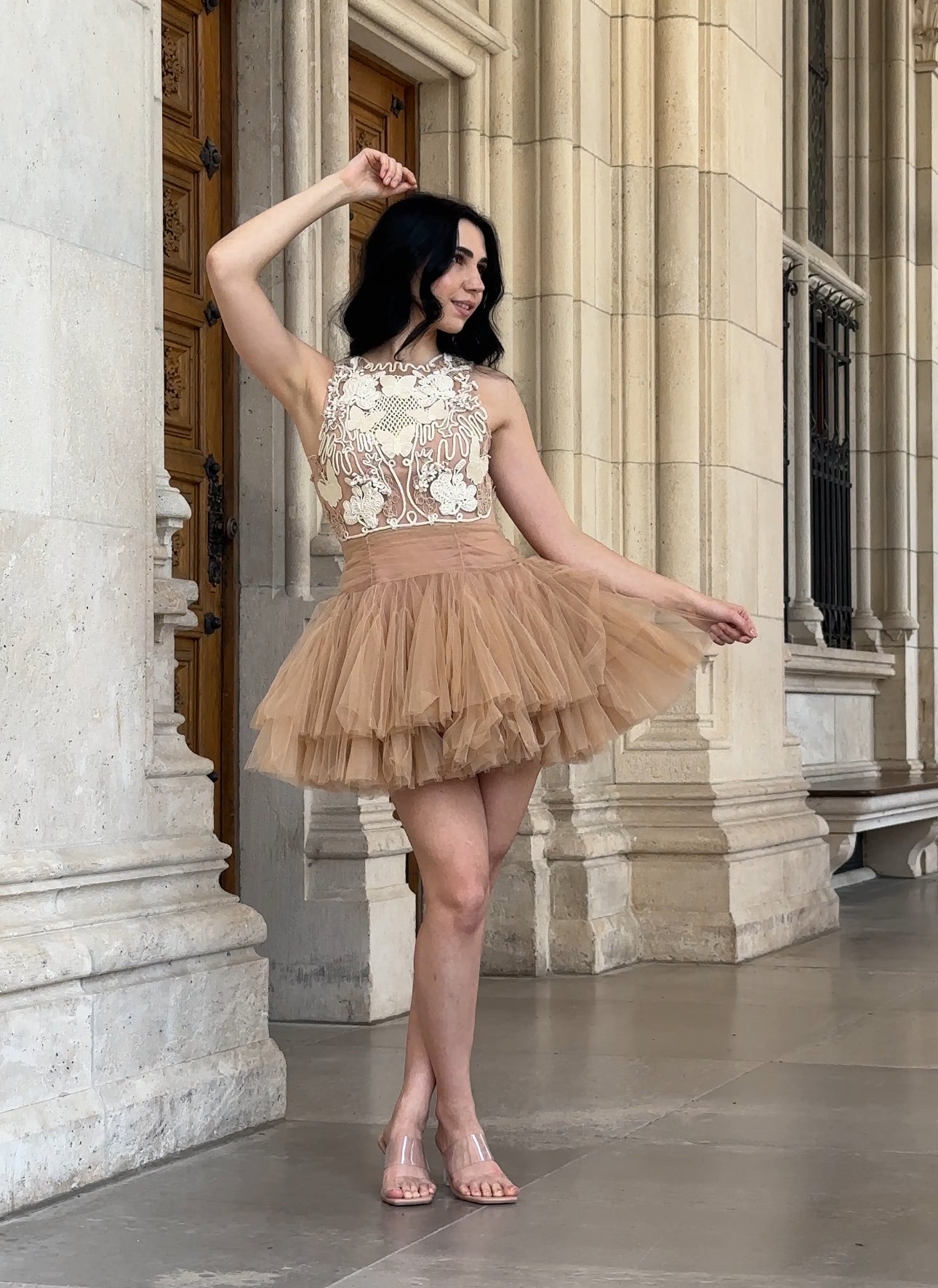 BEIGE BALLERINA TULLE MINI DRESS 3D APPLIQUE