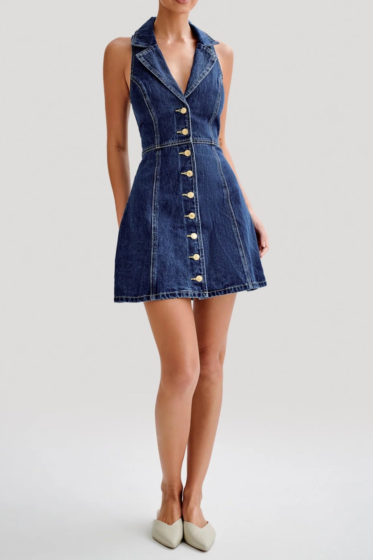 c0103088-f254-490b-94b6-07fbd315029d EARTHA COLLARED DENIM MINI DRESS DARK BLUE