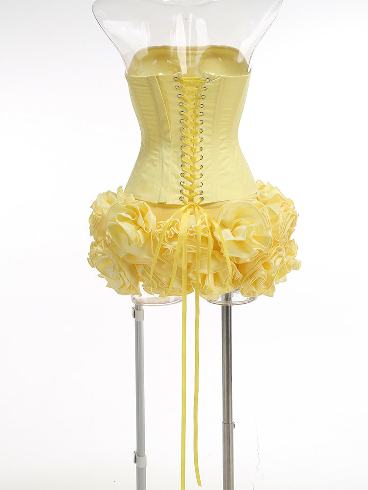 YELLOW FLORAL EMBELLISHED CORSET MINI SKIRT SET