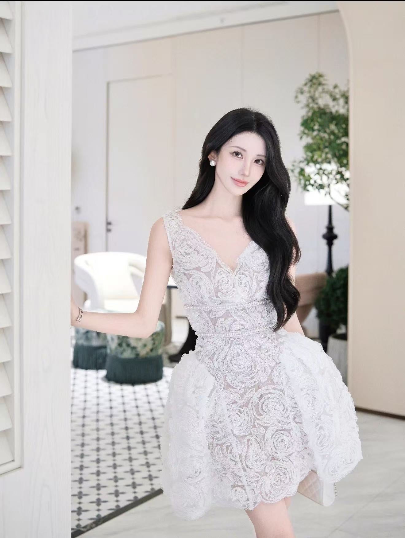 WHITE SEQUIN LACE MINI DRESS FOR PARTY