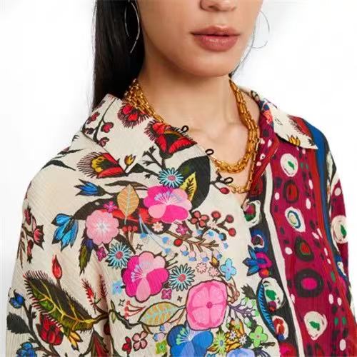 MULTICOLOR FOLK FLORAL PRINT THREE-QUARTER SLEEVE BUTTON-DOWN SHIRT