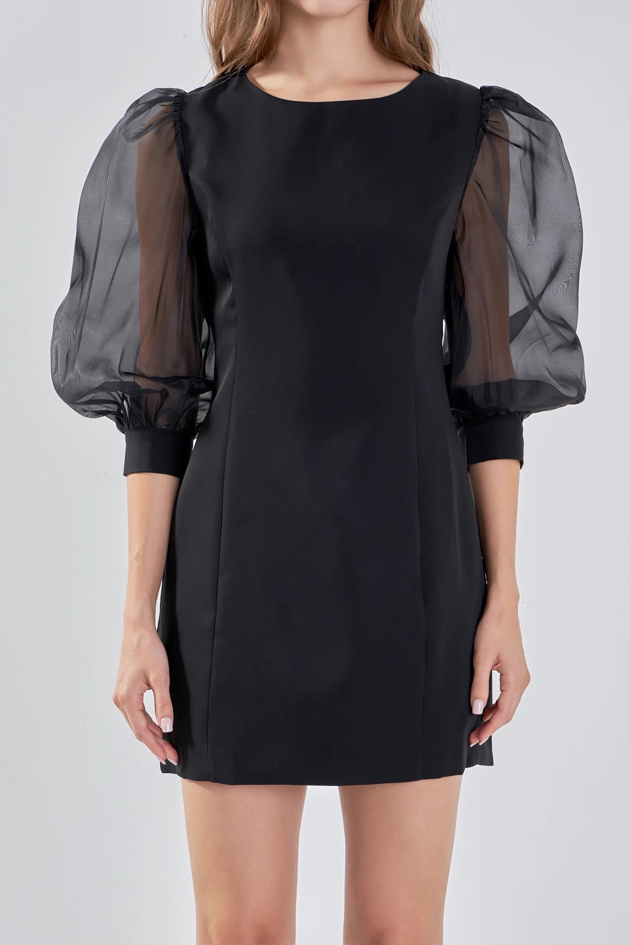 VICTORIA BLACK ORGANZA PUFF SLEEVE MINI DRESS