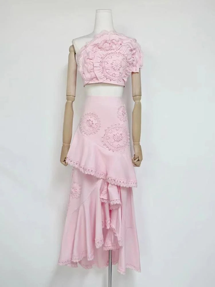 NINA RUFFLED STRAPLESS TOP MERMAID SKIRT SET - PINK