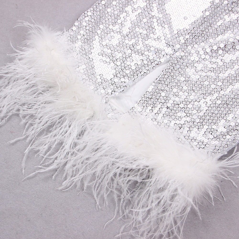 SEQUIN FEATHER WHITE MIDI DRESS FOR PARTY