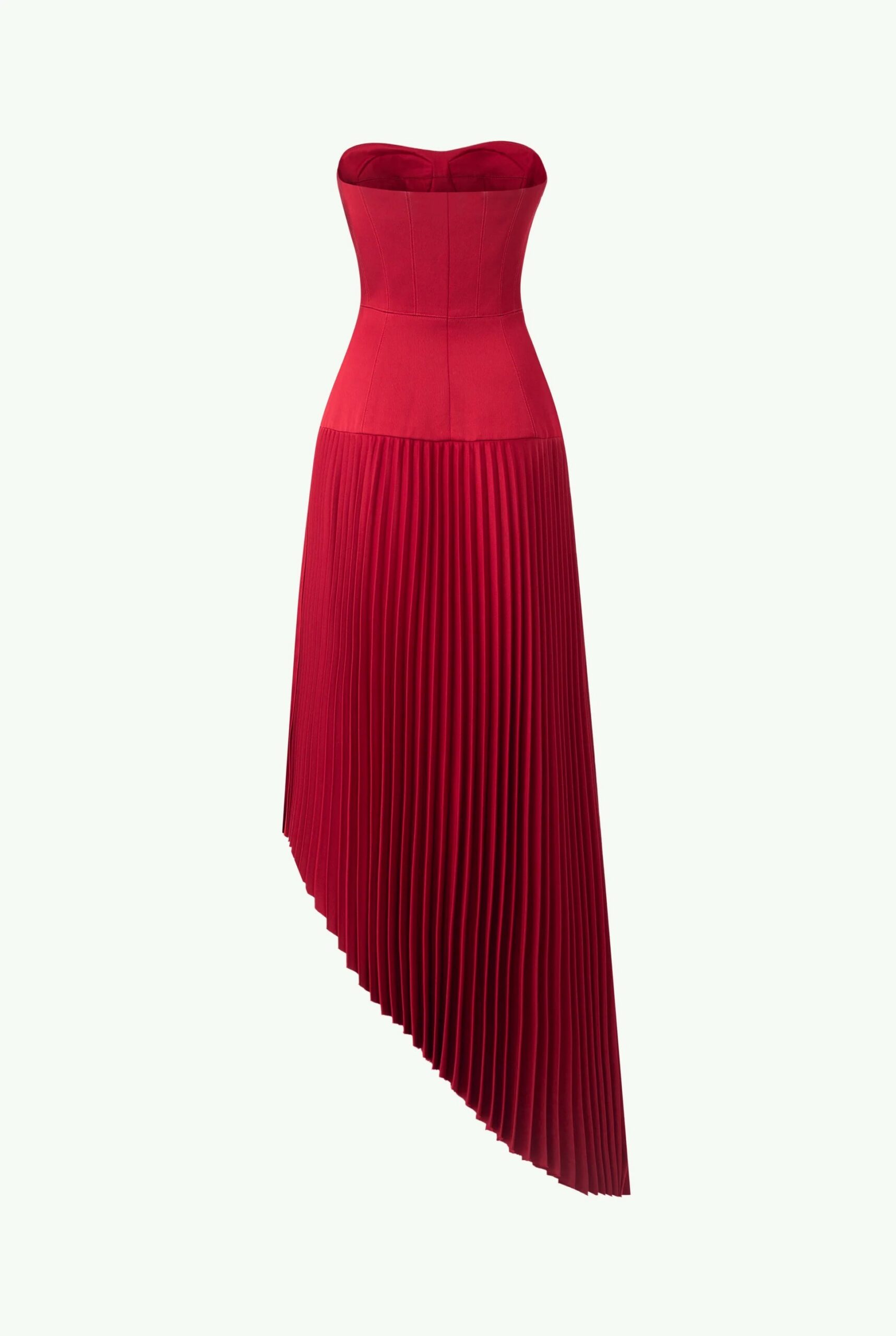 SPAGHETTI STRAP ASYMMETRIC PLEATED MIDI DRESS RED