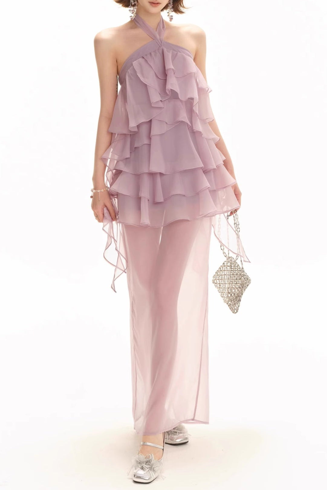 BACKLESS RUFFLE SLIT MAXI DRESS FOR EVENING IN LILAC