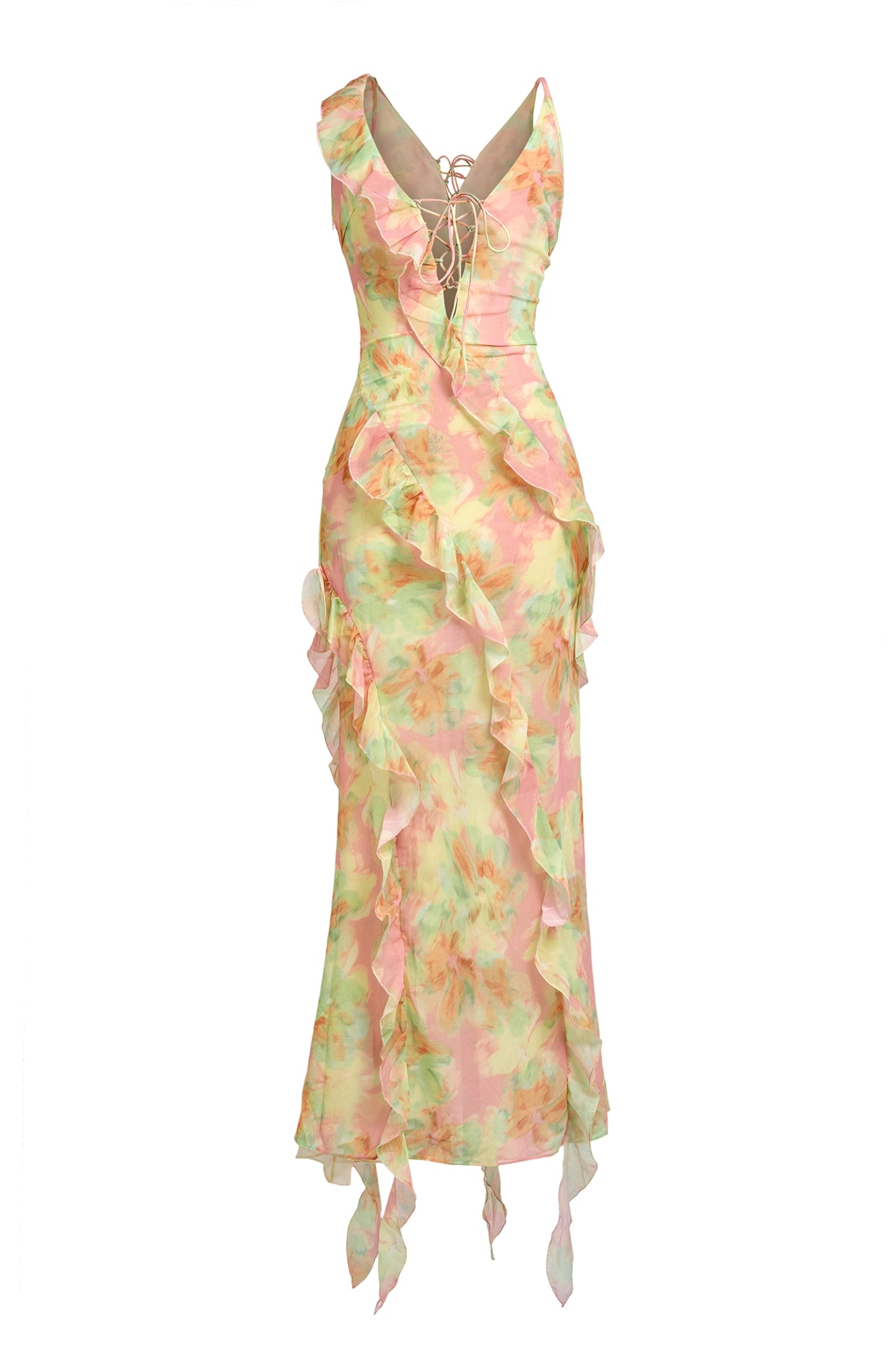 JESSIE TIE DYE V-NECK RUFFLE MIDI DRESS - GREEN