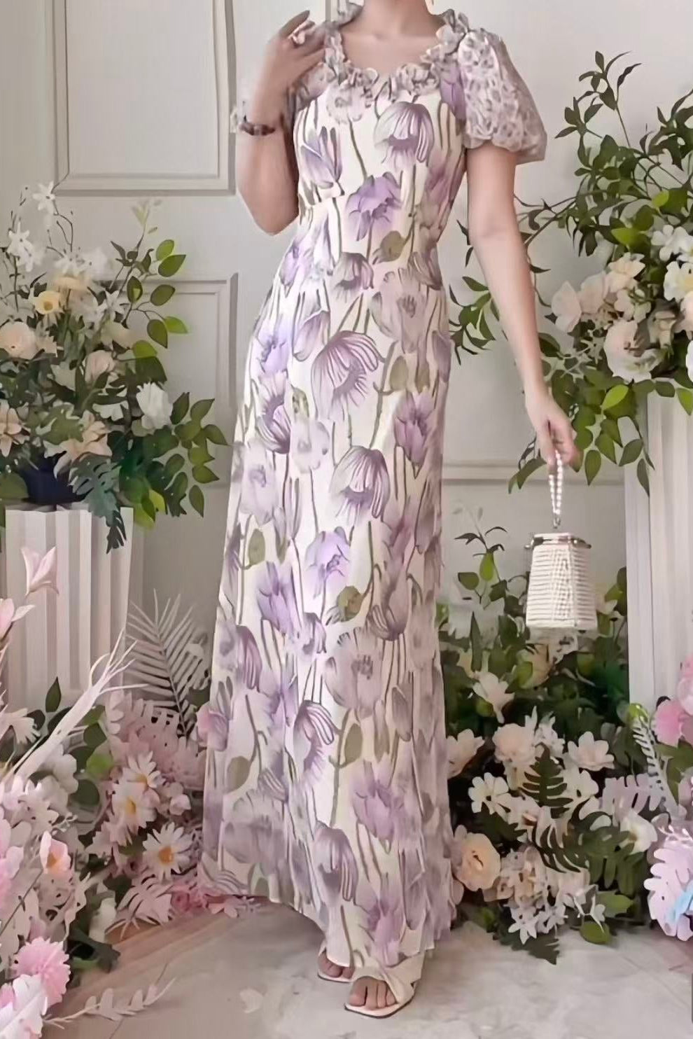 PURPLE FLORAL PUFF SLEEVE MIDI DRESS FOR WEDDING