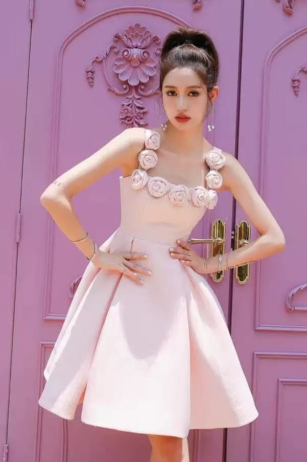 RHINESTONE ROSE APPLIQUE PINK MINI PARTY DRESS