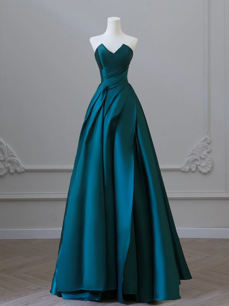 A-LINE SATIN GREEN PROM DRESS