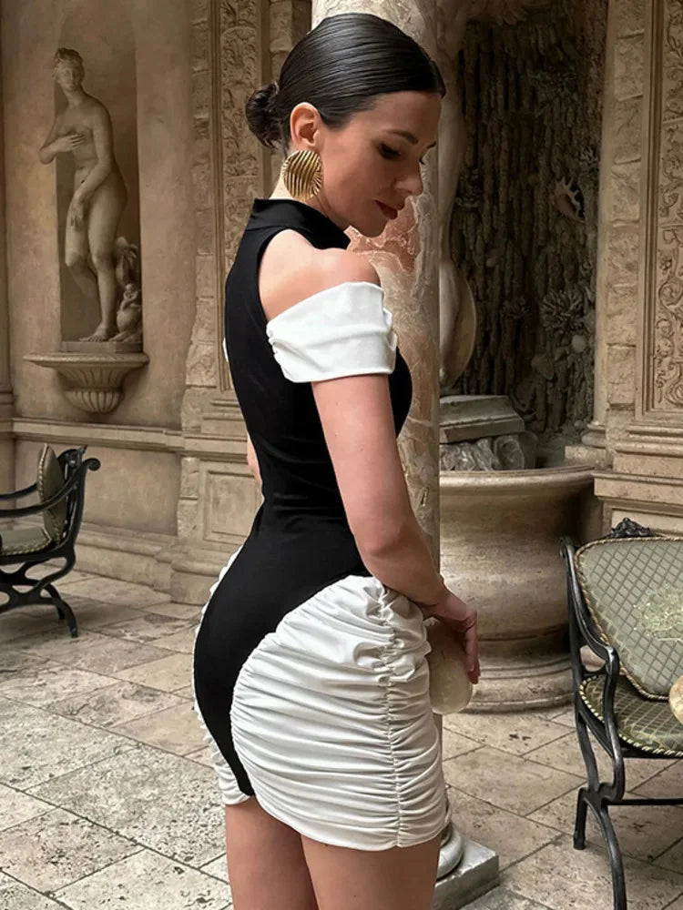 BLACK & WHITE PANEL HALTER MINI DRESS