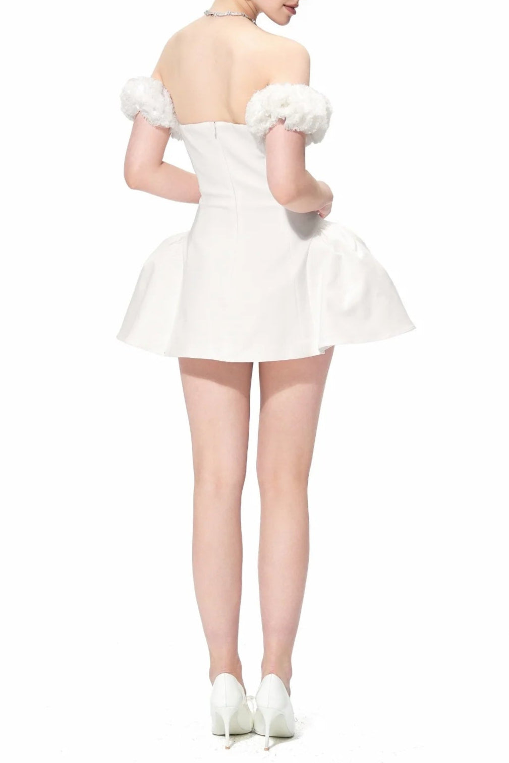 SHERRY FLOWER STRAPLESS PUFFY MINI DRESS WHITE