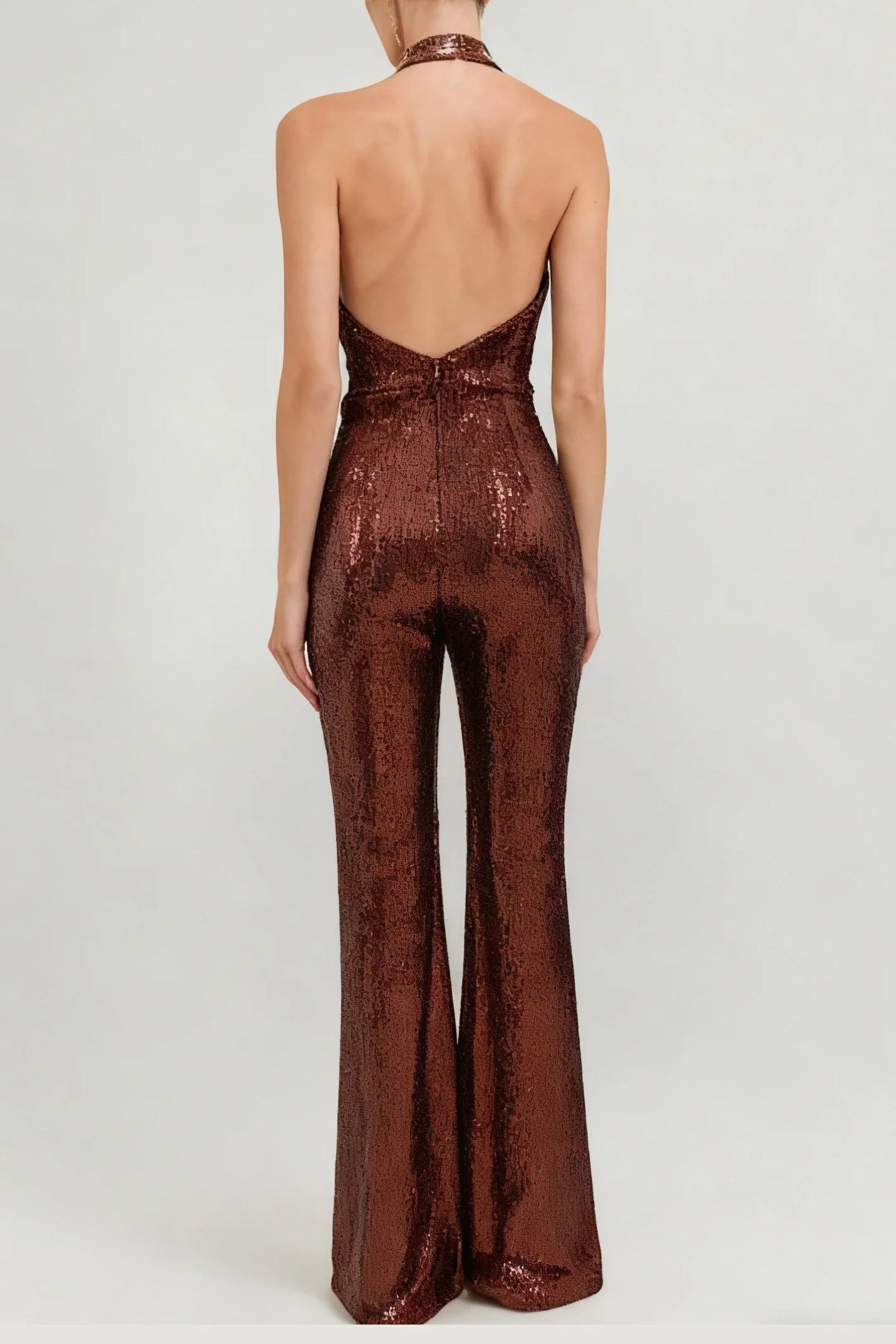 NORA BROWN SEQUIN HALTER FLARED JUMPSUIT