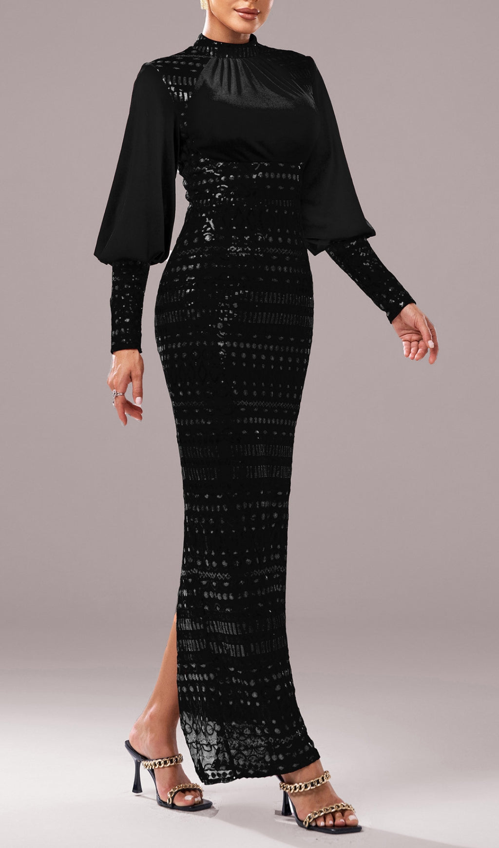 SEQUIN BLACK LONG SLEEVE MAXI DRESS FOR EVENING