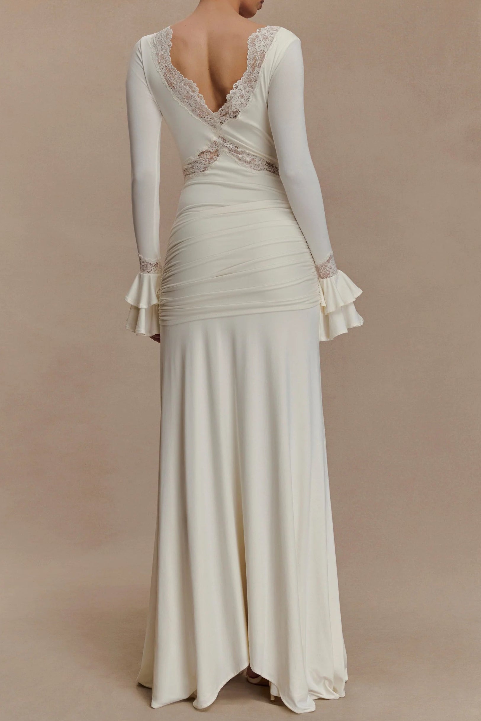 PAMELA V-NECK LACE SHEER MAXI DRESS WHITE WEDDING