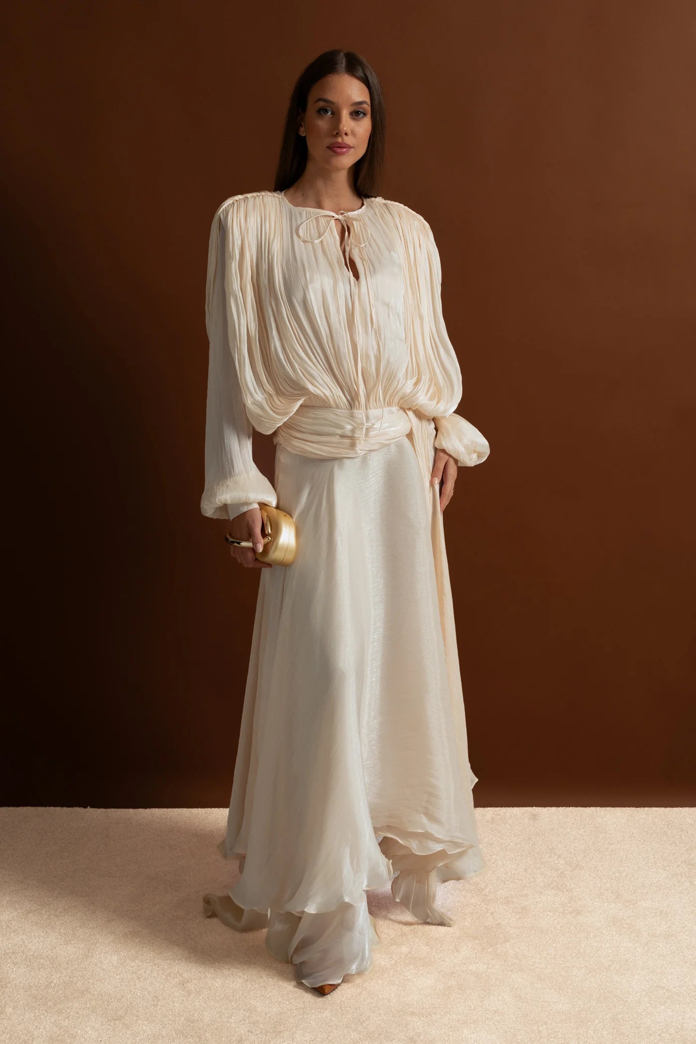IVORY PUFF SLEEVE PLEATED MAXI DRESS, BOHO WEDDING