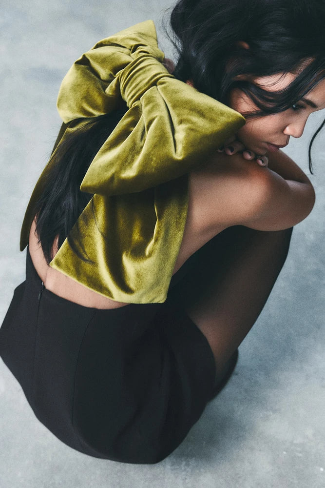 VELVET BOW MINI DRESS BLACK COCKTAIL PARTY